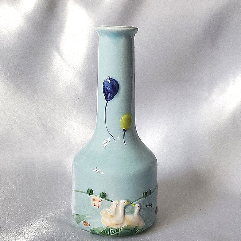 Blue Glaze Bud Vase With Balloons and Geese